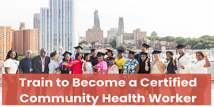 graduate students stand behind banner reading train to become a certified community health worker 