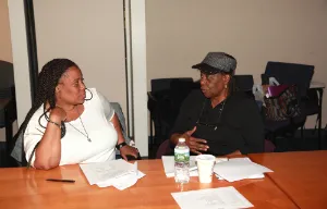 Woman receiving consultation at table 